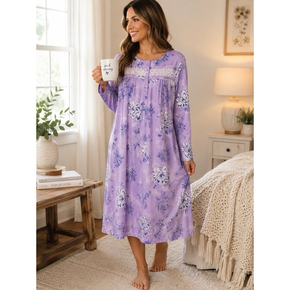Adonna Sleepwear Nightgown Medium Purple Floral Lace Trim Long Sleeve Knit